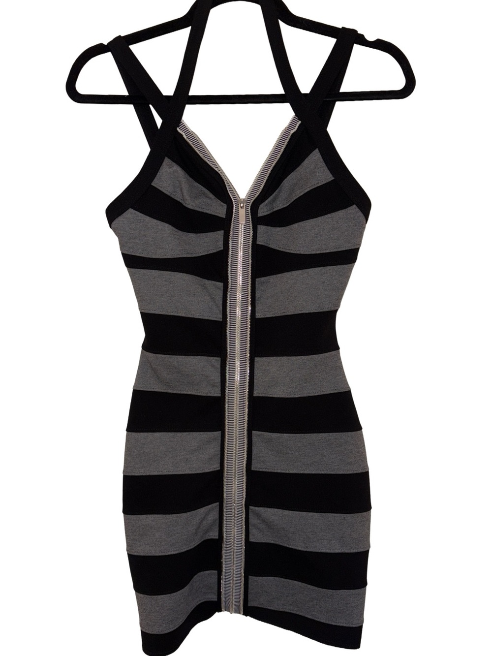bebe Black & Gray Striped Bodycon Mini Dress Exposed Zipper Size S - Picture 8 of 9